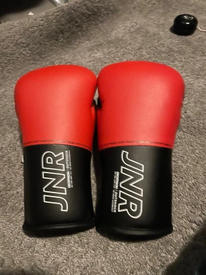Röda och svarta boxningshandskar JNR - Säljer ett par boxningshandskar från JNR i rött och svart konstläder. Handskarna har texten 'FAST' på insidan och är vadderade för extra skydd. Perfekta för träning eller sparring inom boxning eller kampsport.