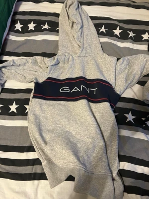 Grå hoodie från GANT med logga - Snygg grå hoodie från GANT med stor huva och bred mörkblå rand över bröstet där GANT-loggan syns tydligt. Hoodien har ribbade muddar och en klassisk passform. Perfekt för en avslappnad och stilren look. Priset är ej hugget i sten