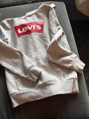 Grå Levi's hoodie med röd logga - Snygg grå hoodie från Levi's med den klassiska röda loggan framtill. Hoodien har magficka, ribbade muddar och huva. Perfekt för en avslappnad och trendig stil. Tillverkad i mjukt material som är skönt att bära.