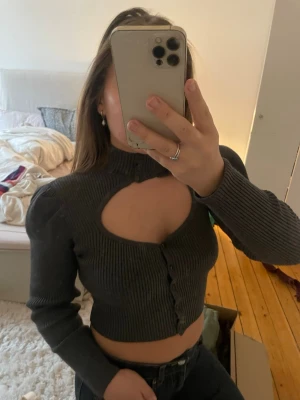 Cut out topp - Mörkgrå cut out topp ifrån Zara. Långärmad  puffärm och knappar framtill. Supersnygg men får inte användning för den längre!!