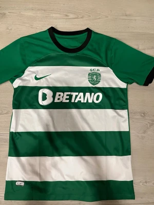 Sporting CP matchtröja Nike grön/vit - Snygg grön och vit randig matchtröja från Sporting CP med svart krage och ärmslut. Tröjan har klubbmärke, Nike-logga och sponsortryck på bröstet samt 'SUPER BOCK' på ryggen. Tillverkad i lätt och funktionellt material, perfekt för fotboll eller träning.