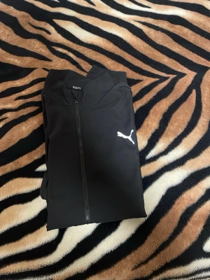 Svart träningsjacka från Puma - Svart träningsjacka från Puma med hel dragkedja framtill och vit Puma-logga på bröstet. Jackan har hög krage och är tillverkad i ett lätt och smidigt material, perfekt för löpning eller annan träning.