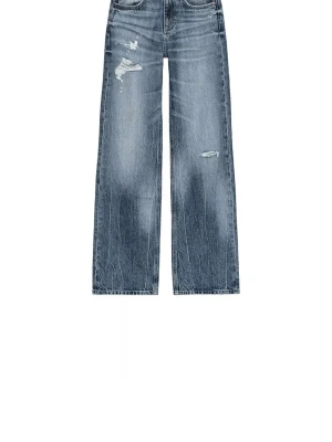  jeans  - Säljer ett par blåa jeans med breda ben och slitna detaljer på låren och knäet. Jeansen har en klassisk femficksmodell och är gjorda i denim med tvättad look. Perfekta för en avslappnad och trendig stil. Från Zara