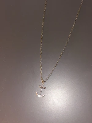 Silverfärgat halsband med ankare - Snyggt halsband i silverfärg med en tunn kedja och ett hängsmycke i form av ett ankare. Ankaret har en enkel och stilren design, perfekt för dig som gillar marina detaljer. Materialet ser ut att vara metall och kedjan har ovala länkar.