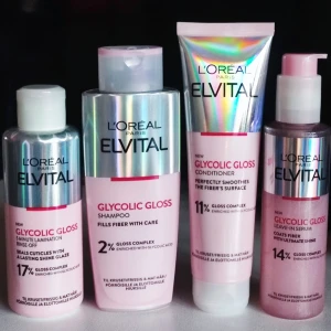 L'Oréal Elvital Glycolic Gloss  - L'Oréal Elvital Glycolic Gloss: Lamination 200ml, Shampoo 200ml, conditioner 150ml, serum 150ml. Nytt i oöppnad förpackning. Priset är för 4 produkter.