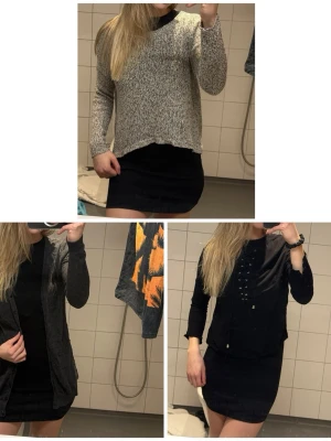 Säljpaket tröjor - Vero Moda tröja grå. I storlek S. I använt skick men har fortfarande kvar att ge.  H&M kofta mörkgrå. I använt skick, men har fortfarande kvar att ge. Storlek S  Svart topp H&M storlek 38. Men liten i storlek. Toppen har trekvartsärm och har snörning. Har ett svart linne och kjol. Annars är de rätt tunt tyg. Oanvänd.