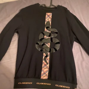Svart tröja från Glorious - Säljer en svart tröja från Glorious med ett coolt ormmotiv på framsidan. Tröjan har långa ärmar och texten 'GLORIOUS' längs nederkanten. Perfekt för höst och vinter, och den har en unik stil med sitt mönstrade band i mitten. Passar både till vardags och fest!