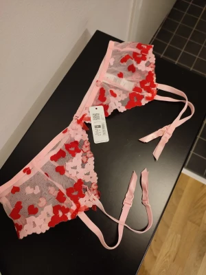 Strumpebandshållare i spets - Vacker strumpebandshållare i spets med rosa och röda hjärtan på. Storlek M. Helt ny med prislapp kvar. Köpt på Cubus 💕