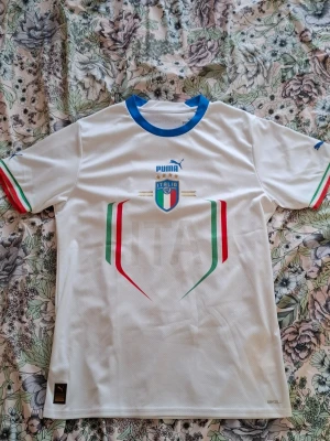 Autentisk Italien Bortatröja 2022 - Snygg vit fotbollströja från Puma med Italiens landslagsmärke på bröstet och blå krage. Ärmarna har detaljer i rött, vitt och grönt som representerar Italiens flagga. Tillverkad i lätt och ventilerande material, perfekt för träning eller match.