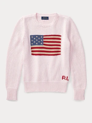 Ljusrosa Ralph Lauren tröja!💗 - Ljusrosa stickad tröja från Polo Ralph Lauren med amerikansk flagga i blått, rött och vitt på bröstet. Rund halsringning, ribbstickade muddar och RL-broderi nedtill. Perfekt för dig som gillar klassisk preppy stil. !!!BARN STORLEK!!!