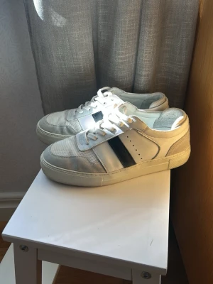 Axel arigato skor  - Snygga vita sneakers med svart rand på sidan och gråa detaljer. Skorna har en klassisk låg profil, vita snören och perforerade hål för ventilation. Ovandelen är i en mix av läder och mocka vilket ger en stilren och sportig look.
