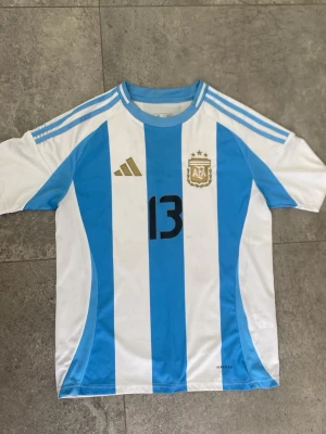 Argentina fotbollströja från 2024 - Säljer en klassisk Argentina fotbollströja från Adidas med blå och vita vertikala ränder, guldiga detaljer och nummer 13 på bröstet och ryggen med Romero. 