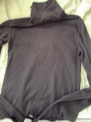 Svart ribbad polotröja - Säljer en svart ribbad polotröja med lång ärm och hög krage. Tröjan har en smal passform och är tillverkad i ett stretchigt material som sitter snyggt på kroppen. Perfekt för lager på lager och enkel att matcha med olika outfits.