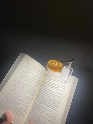  boklampa med klämma och USB - Säljer en smidig portabel boklampa med vit klämma och flexibel arm. Lampan har en rund, orange lampskärm och laddas enkelt med medföljande USB-kabel. Perfekt för läsning i mörker eller på resan.