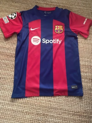 FC Barcelona matchtröja Nike - Säljer en FC Barcelona matchtröja i blått och rött med klubbmärke, Nike-logga och Spotify som sponsor framtill. Tröjan har korta ärmar, UNHCR-logga på ryggen och Champions League-märke på ärmen. Tillverkad i lätt och ventilerande polyester, perfekt för fotbollsträning. Det är storlek M men går bra för S också. Pris kan diskuteras 