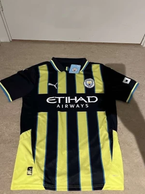 Manchester City matchtröja Puma - Snygg Manchester City matchtröja från Puma i svart med gula och blå vertikala ränder. Tröjan har klubbmärke på bröstet, Etihad Airways som sponsortryck och klassisk krage. Perfekt för dig som älskar fotboll och vill representera ditt lag.