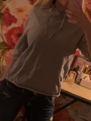 Grå hoodie med korta ärmar - Säljer en enkel grå hoodie med korta ärmar och huva med dragsko. Perfekt för  en avslappnad och chill stil. Passar till jeans eller shorts för en casual look.