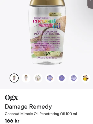 OGX Coconut Miracle Oil 100 ml - Extra Strength Coconut Miracle Oil från OGX, en genomskinlig hårolja i plastflaska med guldfärgat lock. Innehåller kokosolja, essens av tiare och vaniljextrakt för att vårda och mjukgöra håret. Perfekt för att ge glans och näring till skadat hår.