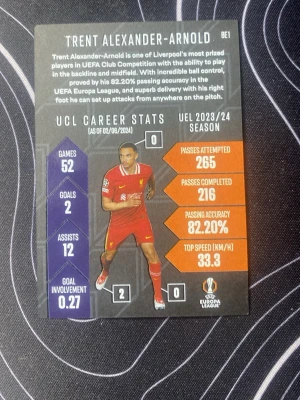 Trent Alexander-Arnold samlarkort Topps - Samlarkort från Topps Black Edge Edition med Trent Alexander-Arnold i Liverpool FC:s röda matchställ. Kortet har guldtext och detaljerad statistik från UCL och UEL 2023/24. Materialet är glansig kartong med tryck i svart, rött och guld.