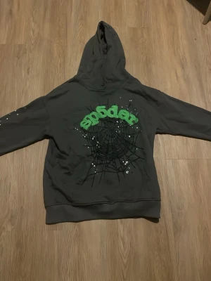 Spider hoodie / Mörkgrå hoodie med spindelnätsmotiv - Säljer en mörkgrå hoodie från Sp5der med grön logga och stort spindelnätsmotiv på bröstet. Hoodien har huva och vita detaljer som liknar stjärnor både fram och på ena ärmen. Perfekt för dig som gillar streetwear och unika prints.