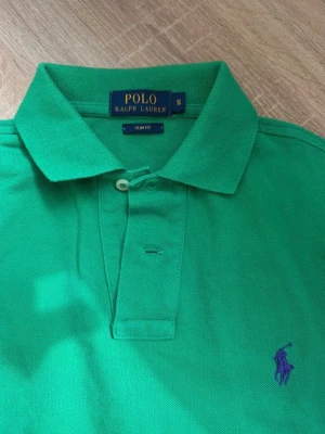 Grön pikétröja från Ralph Lauren - Snygg grön pikétröja från Ralph Lauren i slim fit-modell. Klassisk krage, korta ärmar och lila broderad logga på bröstet. Tillverkad i mjuk bomull som känns skön mot huden. Perfekt till jeans eller shorts för en clean look.