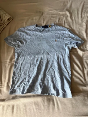 Ljusblå t-shirt från Polo Ralph Lauren - Säljer en ljusblå t-shirt från Polo Ralph Lauren med klassisk passform och liten broderad logga på bröstet. T-shirten är i bomull och har korta ärmar. Perfekt till jeans eller shorts för en clean och enkel stil.