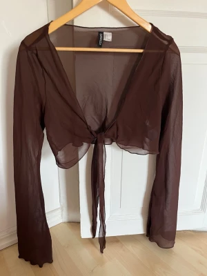 Brun transparent bolerotopp med knyt - Säljer en brun transparent bolerotopp med långa ärmar och knyt framtill. Toppen är croppad och har en luftig, lätt känsla som passar perfekt till lager på lager. Materialet är tunt och ger en snygg, modern look.