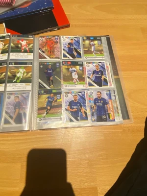 Samling fotbollskort i pärm - Säljer en pärm fylld med fotbollskort från olika lag och spelare. Korten har färgstarka motiv och visar spelare i matchställ, vissa med specialeffekter och statistik. Perfekt för dig som gillar att samla på sportkort och vill utöka din samling. Plus mer