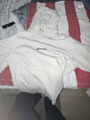 Ljusgrå hoodie med broderad text - Säljer en ljusgrå hoodie med broderad text på bröstet. Hoodien har en klassisk känguruficka framtill och justerbar huva med snörning. Perfekt för chill dagar eller när du vill ha en enkel och clean look.