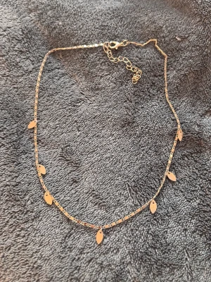 Guldigt halsband med små blad - Säljer ett tunt guldigt halsband med små bladformade hängen längs kedjan. Halsbandet har justerbar längd med förlängningskedja och stängs med en klassisk karbinhake. Perfekt för dig som gillar minimalistiska och trendiga accessoarer.