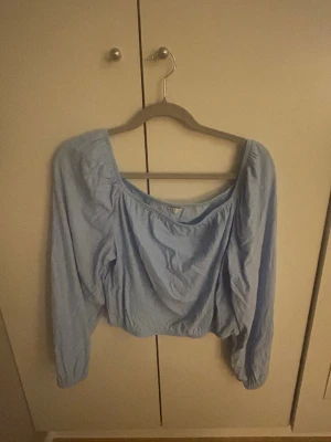 Ljusblå offshoulder blus - Trendig ljusblå blus med offshoulder-modell och långa ärmar. Blusen har en lös och luftig passform med resår vid halsringningen för en snygg och avslappnad look. Perfekt att matcha med jeans eller kjol för en fräsch stil.