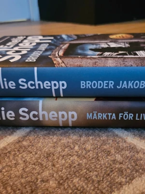 Två deckare av Emelie Schepp - Säljer två spännande kriminalromaner av Emelie Schepp: 'Broder Jakob' och 'Märkta för livet'. Båda böckerna är inbundna med färgstarka omslag och tydliga titlar på ryggen. Perfekt för dig som gillar svenska deckare och spänning.