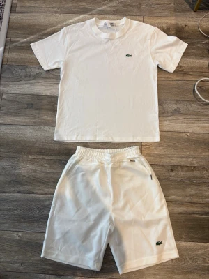 Vitt Lacoste set med t-shirt och shorts - Säljer ett fräscht vitt Lacoste set med t-shirt och shorts.. Perfekt för en avslappnad och sportig look.