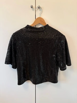 Svart paljettopp med korta ärmar - Snygg svart topp täckt med glittrande paljetter. Modellen är boxig och croppad med korta ärmar och rund halsringning. Toppen har en liten knappöppning bak i nacken. Perfekt för dig som vill sticka ut med lite extra glitter.