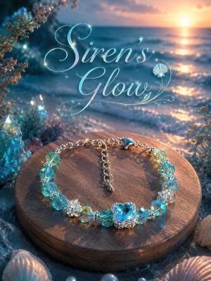 Siren's Glow - Säljer ett magiskt armband med skimrande blå och turkosa facetterade glaspärlor, dekorerat med silverfärgade blommor. Armbandet har justerbar kedja och ger riktiga havsvibbar. 