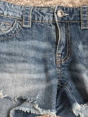 Blå jeansshorts från Gina Tricot - Säljer ett par blå jeansshorts från Gina Tricot med fransiga kanter och klassisk femficksdesign. Shortsen har normal passform, bälteshällor och knappstängning framtill. Perfekta för sommardagar och enkel att matcha med olika toppar.