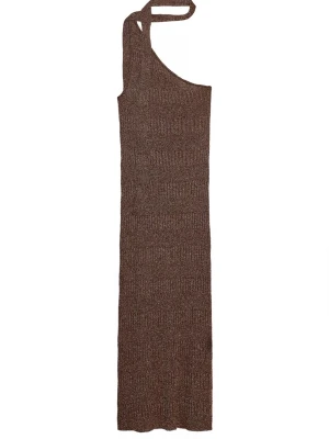 Brun oneshoulder stickad långklänning - Så snygg brunglittrig, ribbad långklänning i stickat material. Oanvänd med prislapp❤️