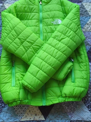 Limegrön pufferjacka från The North Face - Säljer en limegrön pufferjacka från The North Face med quiltad design och dragkedja framtill. Jackan har två sidofickor med dragkedja och elastisk nederkant. Perfekt för kalla dagar när du vill sticka ut med färg.