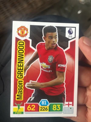 Fotbollssamlarkort Mason Greenwood går ej att köpa i affär - Samlarkort med Mason Greenwood från Manchester United. Kortet har färgstark design med spelaren i röd matchtröja, klubbmärke och statistik. Perfekt för dig som gillar fotboll och samlar på Premier League-kort.