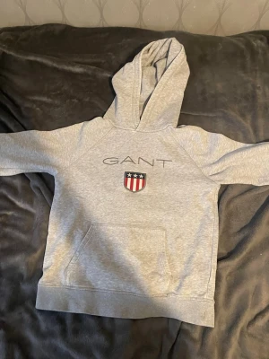 Grå hoodie från GANT med logga - Snygg grå hoodie från GANT med stor huva och känguruficka framtill. På bröstet finns GANT-loggan och ett broderat märke med stjärnor och ränder. Tillverkad i mjuk bomullsblandning, perfekt för chill dagar.
