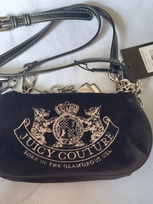 Juicy Couture svart handväska/axelremsväska - Nypris 1700kr. Min tjej fick i present så hjälper att sälja, aldrig använt då den inte var hennes stil. Snygg svart handväska från Juicy Couture med broderad logga och lejonmotiv framtill. Väskan har silverfärgade kedjedetaljer, justerbar axelrem och är gjord i mjuk sammet med läderdetaljer. Perfekt för dig som gillar en trendig och lyxig look.