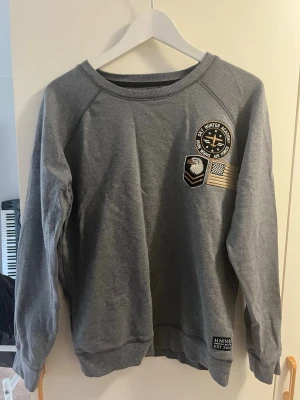 Grå sweatshirt med patchdetaljer - Grå stickad sweatshirt med rund hals och ribbade muddar. Framsidan har flera patchar, bland annat en med texten 'Sky Hunter Academy' och en amerikansk flagga. Tröjan har en avslappnad passform och är perfekt för en casual look.