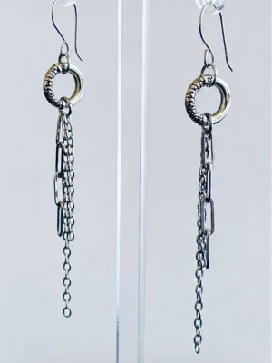 Silvriga stål örhängen med kedjor - Coola örhängen i silverfärgad rostfri stål med rund ring upptill och hängande kedjor i olika längder. Designen är modern och edgy, perfekt för dig som gillar statement-accessoarer. Ingen synlig märkning.
