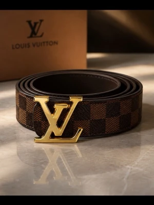 Brun Louis Vuitton bälte med LV-spänne - Snyggt bälte från Louis Vuitton i brunt med klassiskt rutmönster och ett stort guldfärgat LV-spänne. Bältet är gjort i läder och har en exklusiv känsla som sticker ut. Perfekt accessoar för att lyfta vilken outfit som helst.