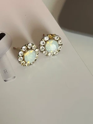 Glittriga örhängen med pärldetaljer Lily and rose - Säljer ett par runda örhängen från Lily and rosé  med gnistrande stenar runt en skimrande pärlliknande mitt. Örhängena har guldfärgad metall och ger en elegant look med sina klara stenar och pärldetaljer. Ena pärlan är av!