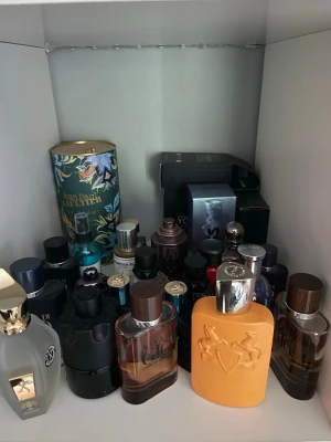 Byter/säljer parfym - Stor samling parfymer med flera lyxiga märken och unika flaskor i olika färger och former. Här finns både klassiska och moderna dofter, bland annat flaskor i guld, svart, orange och frostat glas. Perfekt för dig som vill ha variation och stil på parfymhyllan. Kom med erbjudande! 