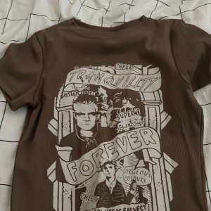 Brun t-shirt - En brun t-shirt med massa text på som inte kommer till användning då den inte passar mig