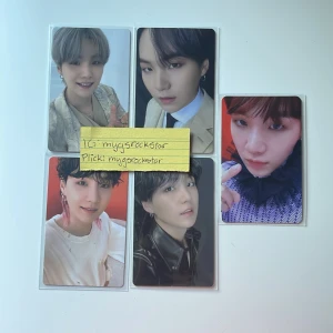 yoongi photocards  - alla är i mint skick och kostar 90kr/st! fri frakt vid köp av 3+ (kan kombineras med andra pcs på min sida)  proof på köp + fler pcs finns på min insta @mygsrockstar !