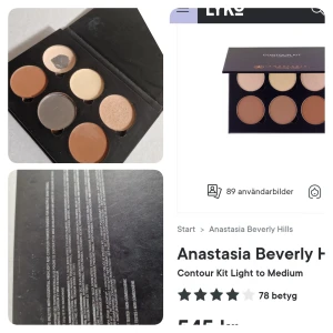 Anastasia Beverly Hills Contour Palette - Färgen är "light to medium". Har enbart använt skuggan längst upp till vänster. En av skuggorna har ramlat ur. Utsidan har blivit skavd i min väska med andra paletter, men den är fräsch och inte äldre än 5 mån Har rensat ut smink jag ej använder 💖💖