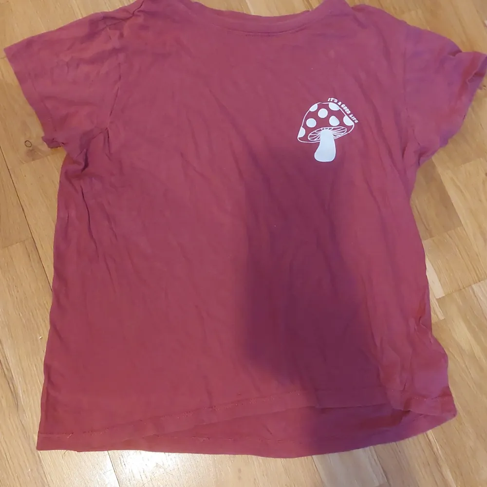 En röd hm tröja med svamp på ! Skrynklig då den inte kommit till andvändning men har inga stora defekter! . T-shirts.